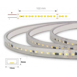 Tira LED 230V monocolor 12W/mt 90L/mt. SMD 2835 IP65 12x4mm corte cada 100mm, Venta por metros, desde 6,00€/m